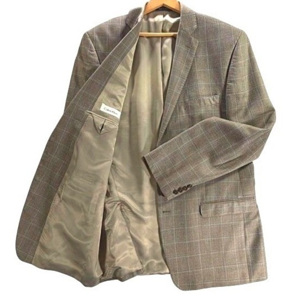 Calvin Klein Blazer Mens 43L Tan Brown Windowpane Plaid Silk Wool Sport Coat